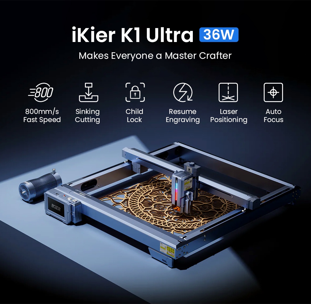 IKIER K1 Ultra 36W Laser Engraver  410mm×410mm Working Area  800mm/s Speed  0 08mm×0 1mm Laser Spot  0 01mm Precision  Auto F