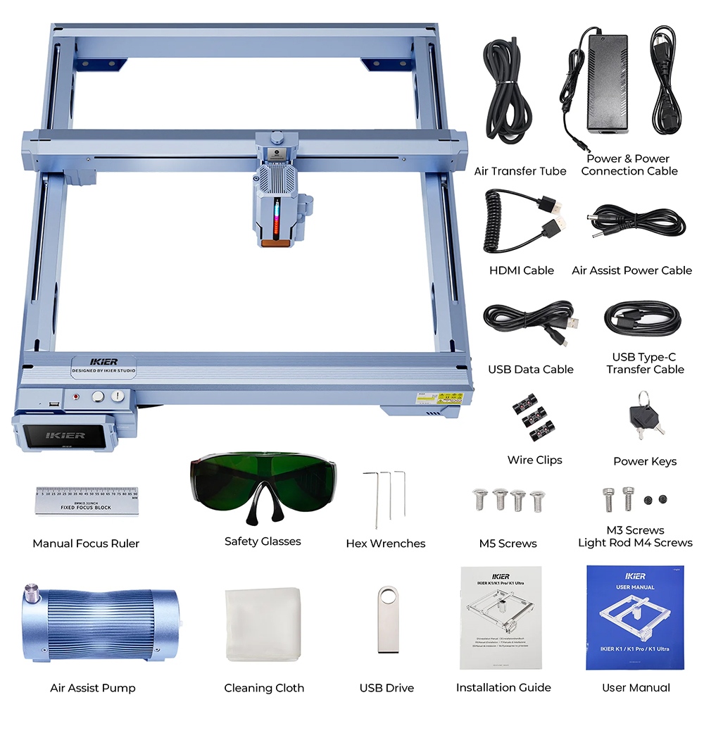 IKIER K1 Ultra 36W Laser Engraver  410mm×410mm Working Area  800mm/s Speed  0 08mm×0 1mm Laser Spot  0 01mm Precision  Auto F
