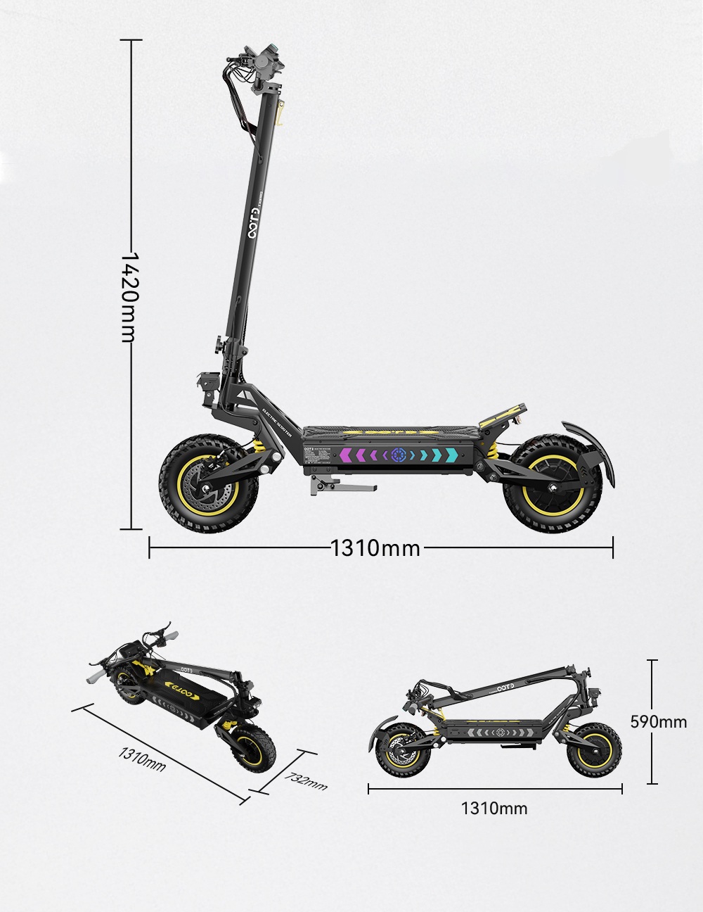 OOTD T10 Pro Electric Scooter  2*1300W Motor  52V 23 4Ah Battery  11 inch Tires  65km/h Max Speed  70km Range  Hydraulic Disc B
