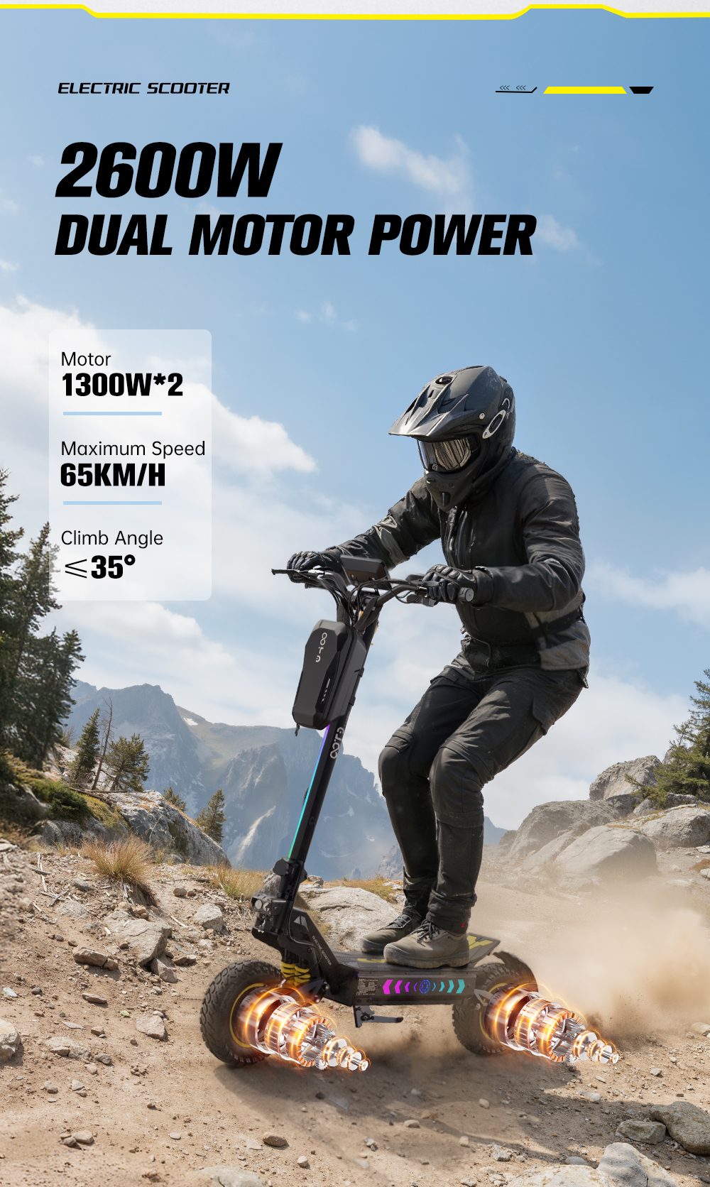 OOTD T10 Pro Electric Scooter  2*1300W Motor  52V 23 4Ah Battery  11 inch Tires  65km/h Max Speed  70km Range  Hydraulic Disc B
