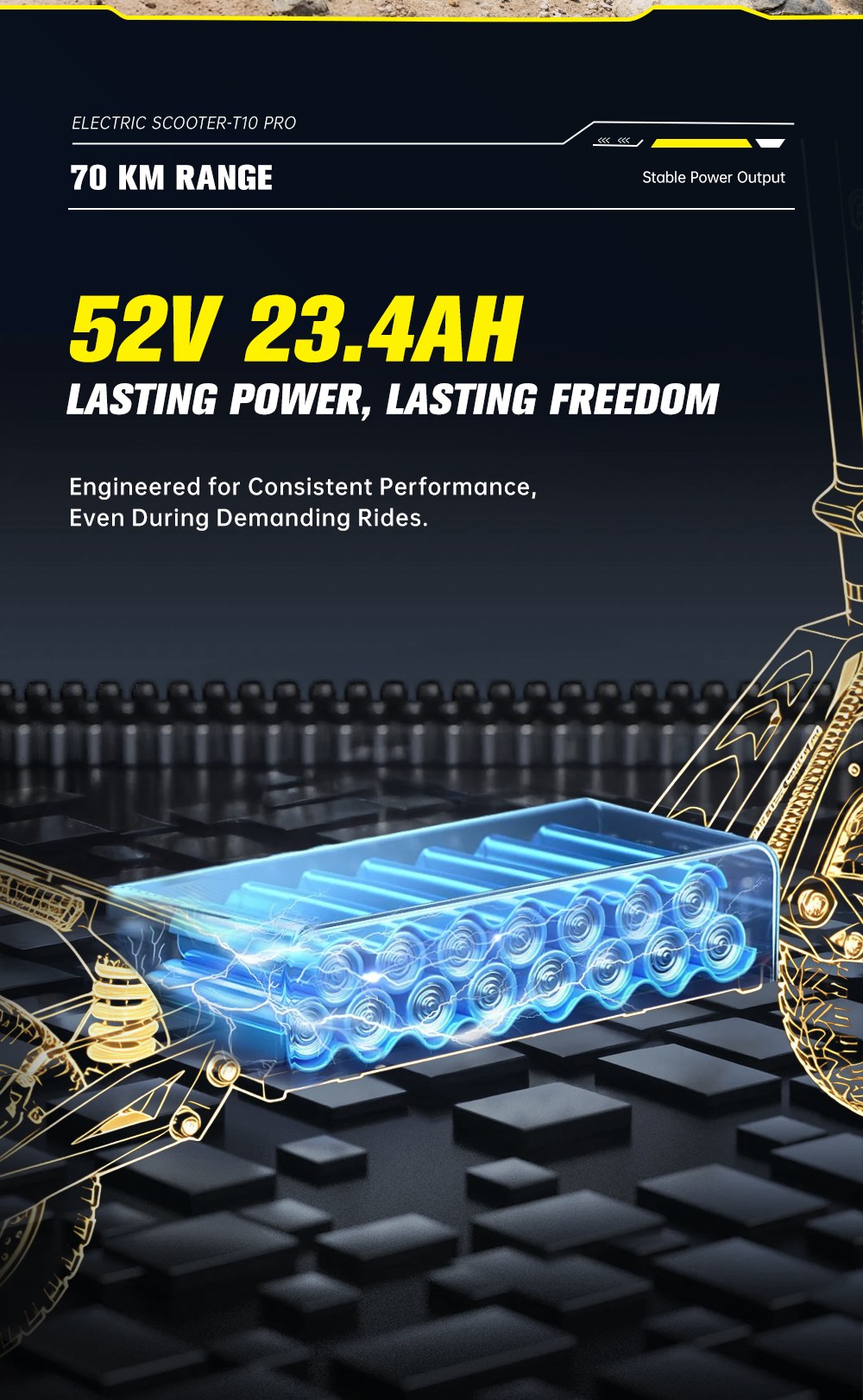 OOTD T10 Pro Electric Scooter  2*1300W Motor  52V 23 4Ah Battery  11 inch Tires  65km/h Max Speed  70km Range  Hydraulic Disc B