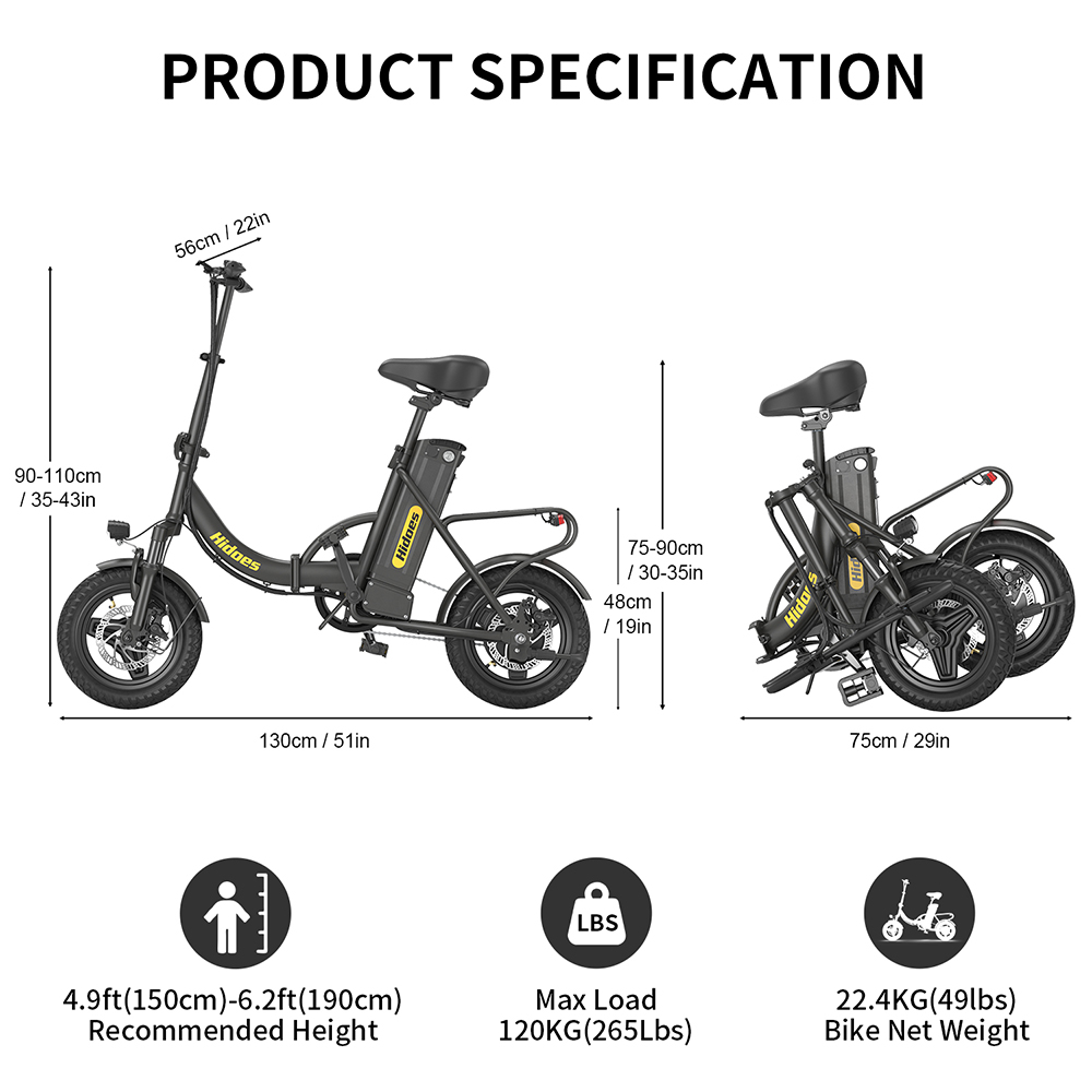 Hidoes C5 Folding Electric Bike  350W Motor  36V 10 4Ah Battery  14 inch Tires  25km/h Max Speed  28km Range  Front