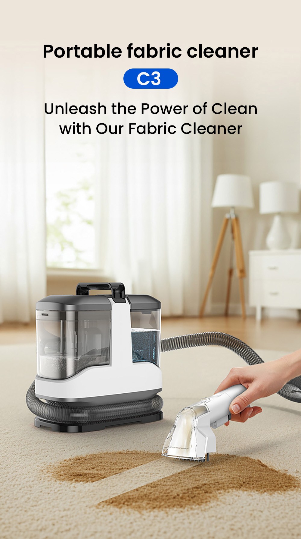 MAMNV C3 Portable Fabric Cleaner  13 000Pa Suction  500W Brush Motor  1 5m Flexible Hose  1000ml Clean