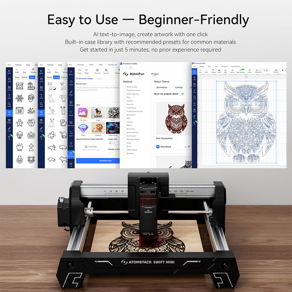 ATOMSTACK Swift Mini 3W Laser Engraver  135×145mm Working Area  0 04mm Laser Spot  10000mm/min Speed  AI Text-to-Image  Multi-