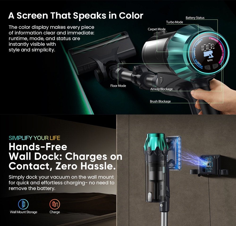 Vactidy V15 Max Cordless Vacuum Cleaner  65kPa Powerful Suction  600W Motor  60-Min Runtime  Flexible Tube  Green Light Dust De