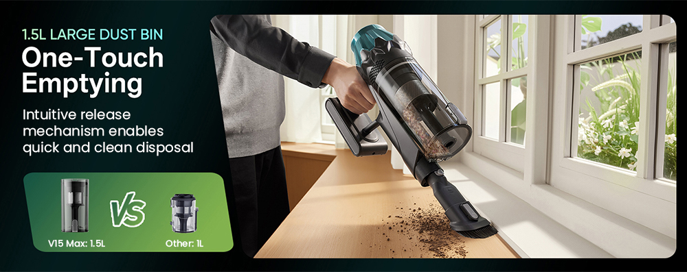 Vactidy V15 Max Cordless Vacuum Cleaner  65kPa Powerful Suction  600W Motor  60-Min Runtime  Flexible Tube  Green Light Dust De