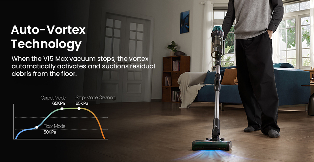 Vactidy V15 Max Cordless Vacuum Cleaner  65kPa Powerful Suction  600W Motor  60-Min Runtime  Flexible Tube  Green Light Dust De