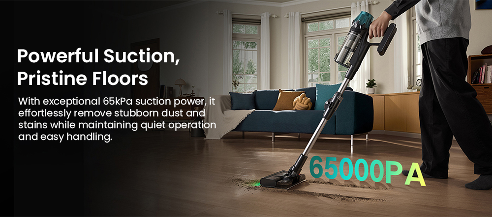 Vactidy V15 Max Cordless Vacuum Cleaner  65kPa Powerful Suction  600W Motor  60-Min Runtime  Flexible Tube  Green Light Dust De