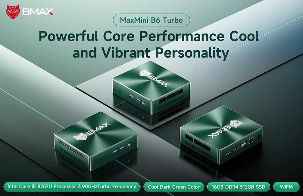 BMAX B6 Turbo Mini PC  Intel Core i5-8257U 4 Cores Up to 3 9GHz  16GB DDR4 RAM 512GB SSD  HDMI   DP Dual 4K Display  4USB 3 0 1