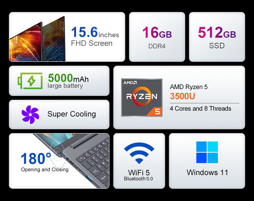 Ninkear A15 Air Laptop  15 6 inch 1920×1080 Screen  AMD Ryzen 5 3500U 4C/8T up to 3 7GHz  16GB DDR4  512GB SSD  WiFi 5  Blueto