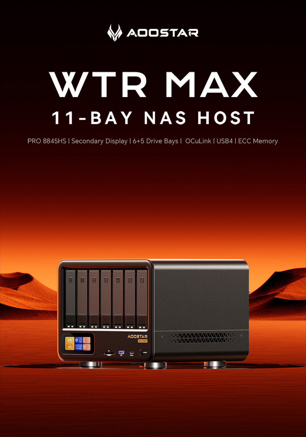 AOOSTAR WTR MAX 11 Bays NAS Mini PC Barebone  No RAM No SSD   Secondary Screen  AMD R7 Pro 8845HS 8 Cores Max 5 1GHz  HDMI DP U