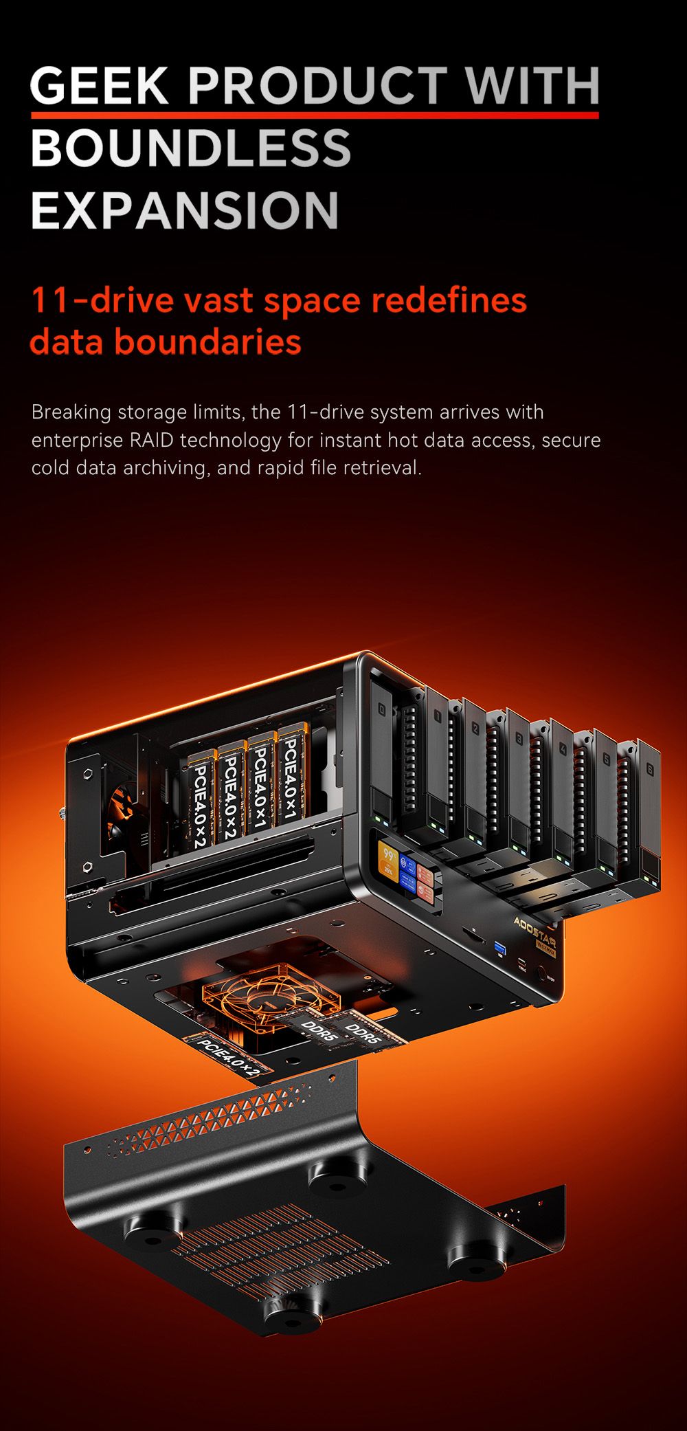 AOOSTAR WTR MAX 11 Bays NAS Mini PC Barebone  No RAM No SSD   Secondary Screen  AMD R7 Pro 8845HS 8 Cores Max 5 1GHz  HDMI DP U