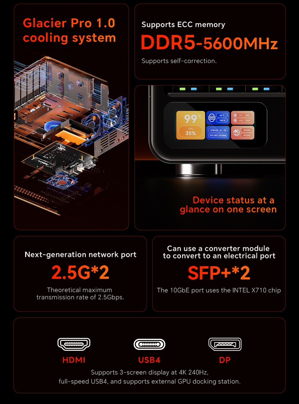 AOOSTAR WTR MAX 11 Bays NAS Mini PC Barebone  No RAM No SSD   Secondary Screen  AMD R7 Pro 8845HS 8 Cores Max 5 1GHz  HDMI DP U