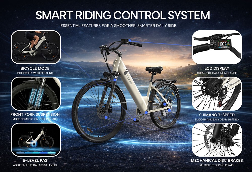 PIXAR C1 Electric Bike 250W Motor 36V 13Ah Battery 25km/h Max Speed 65km Range 27 5'×1 95' Tires Shimano 7-Speed 150kg