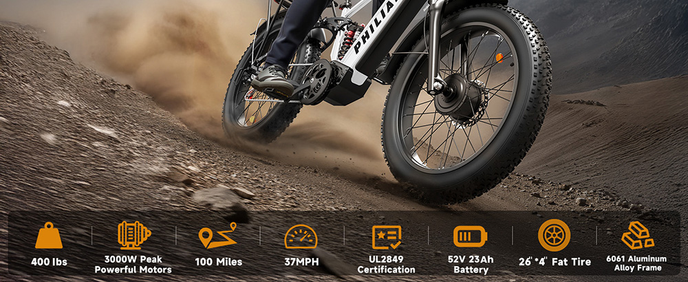 PHILIAM F3 PRO Dual Motor Electric Bike  1000W*2  3000W Peak   52V 23Ah Battery  37 MPH  100 Mile Range  26