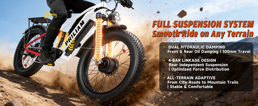 PHILIAM F3 PRO Dual Motor Electric Bike  1000W*2  3000W Peak   52V 23Ah Battery  37 MPH  100 Mile Range  26