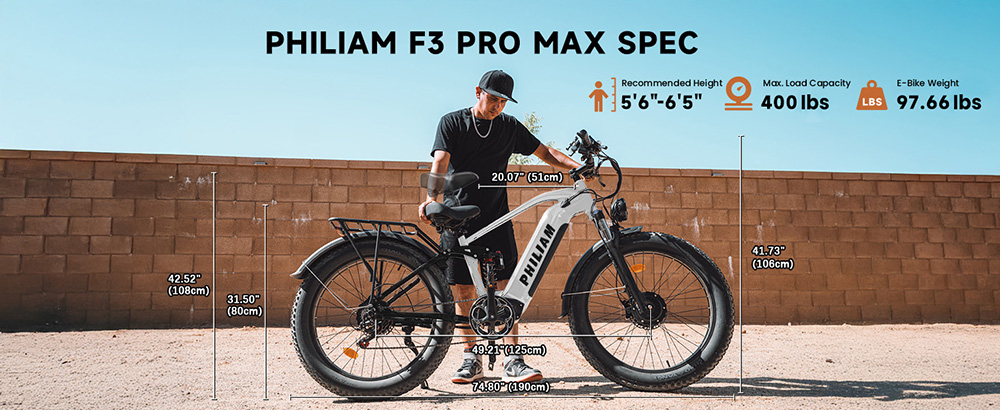 PHILIAM F3 PRO Dual Motor Electric Bike  1000W*2  3000W Peak   52V 23Ah Battery  37 MPH  100 Mile Range  26