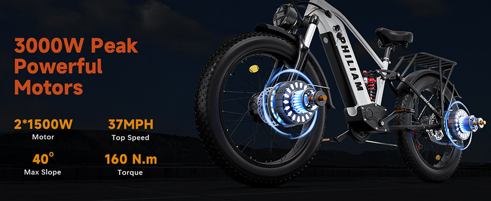 PHILIAM F3 PRO Dual Motor Electric Bike  1000W*2  3000W Peak   52V 23Ah Battery  37 MPH  100 Mile Range  26
