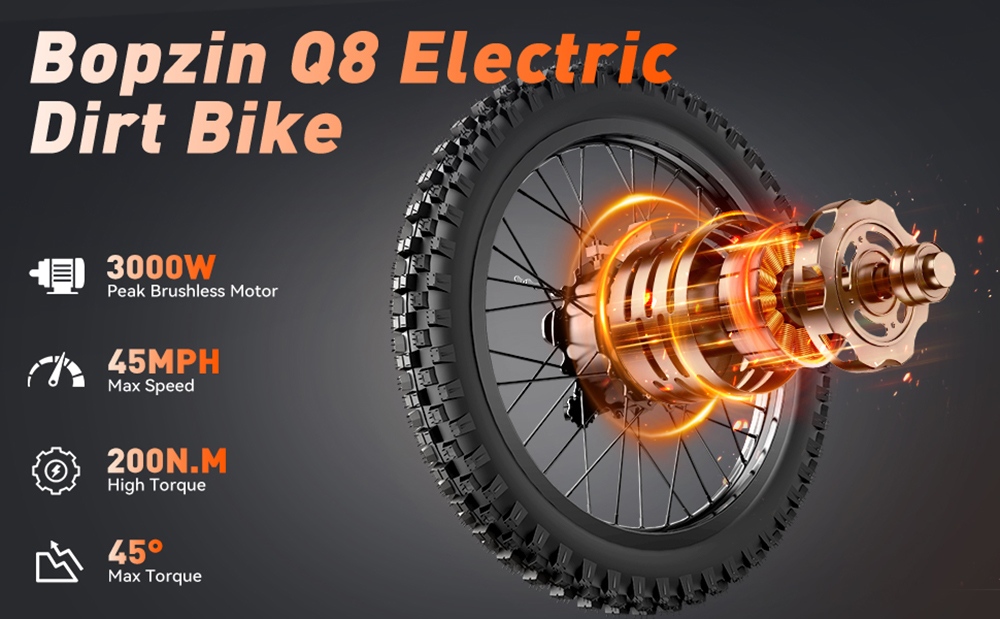 BOPZIN Q8 Electric Dirt Bike  3000W Peak Motor  60V 35Ah Removable Battery  Up to 45MPH  68 Miles Max Range  25' Fat Tires  Dua