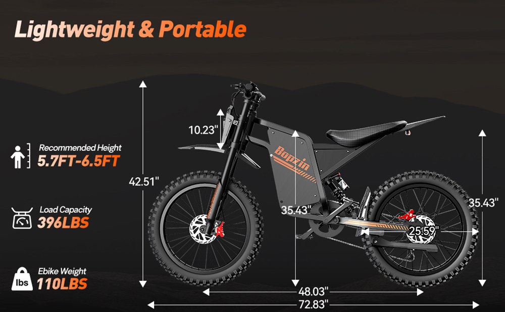 BOPZIN Q8 Electric Dirt Bike  3000W Peak Motor  60V 35Ah Removable Battery  Up to 45MPH  68 Miles Max Range  25' Fat Tires  Dua