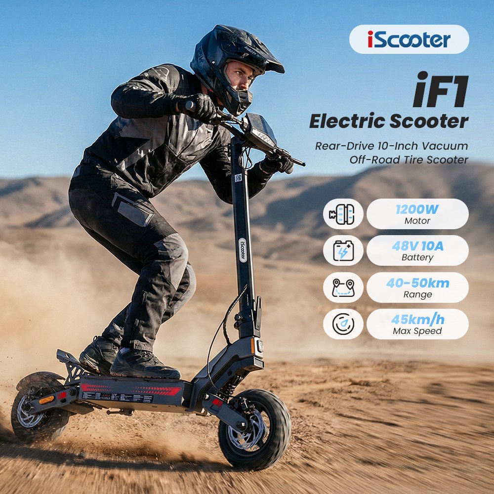iScooter iF1 Foldable Electric Scooter 1200W Motor 48V 10Ah Battery 45km/h Max Speed 40–50km Range 10-inch Vacuum Off-Ro