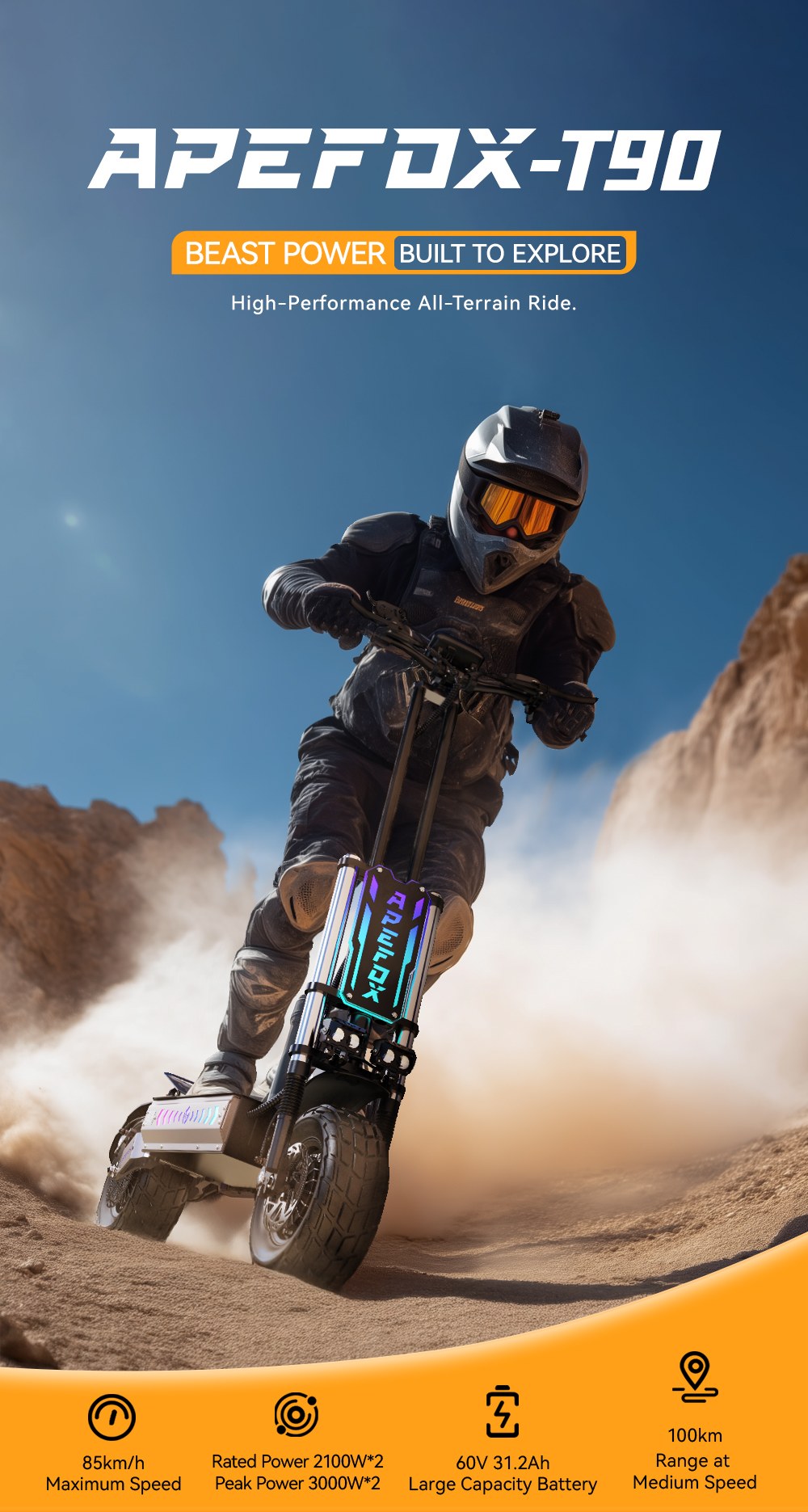 APEFOX T90 Electric Scooter 2100W*2 Motor 60V 31 2Ah Battery 13 inch Tires 85km/h Max Speed 100km Range Hydraulic Disc Br