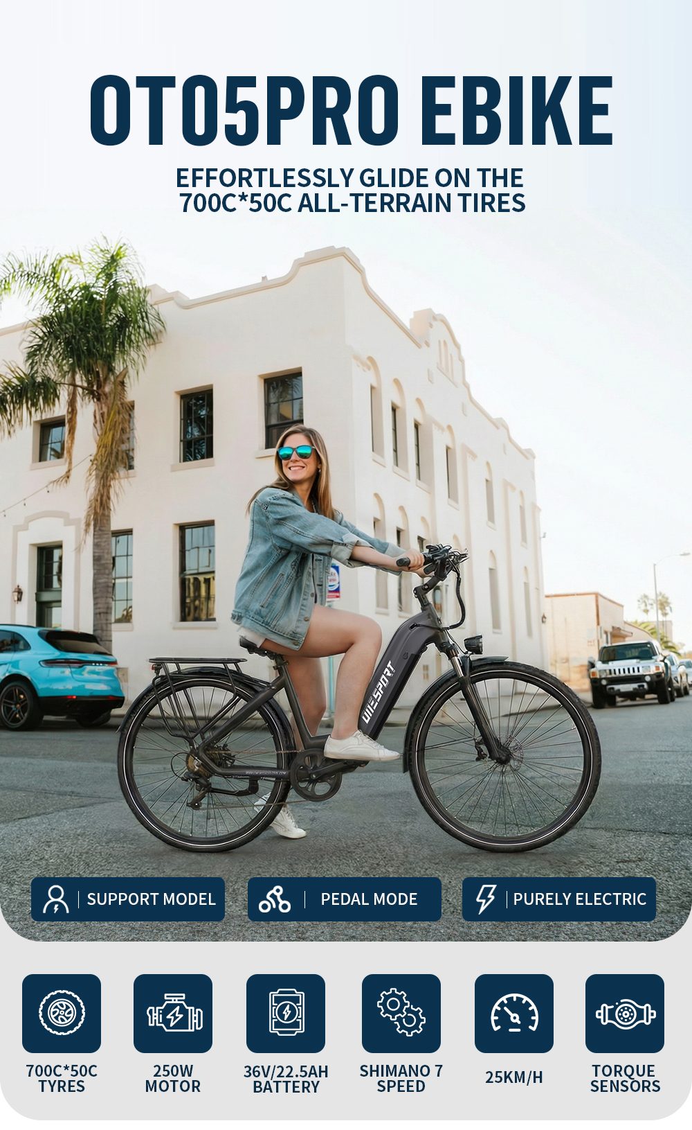 ONESPORT OT05 Pro Electric Bike 250W Motor 36V 22 5Ah Battery 700*50C Tires 25km/h Max Speed 140km Range Hydraulic Disc B