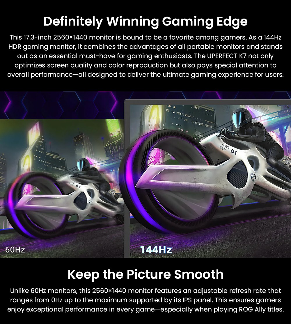 UPERFECT UGame K7 Gaming Monitor  17 3 Inch 2560×1440 QHD IPS Display  144Hz Refresh Rate  10ms Response Time  HDR  FreeSync
