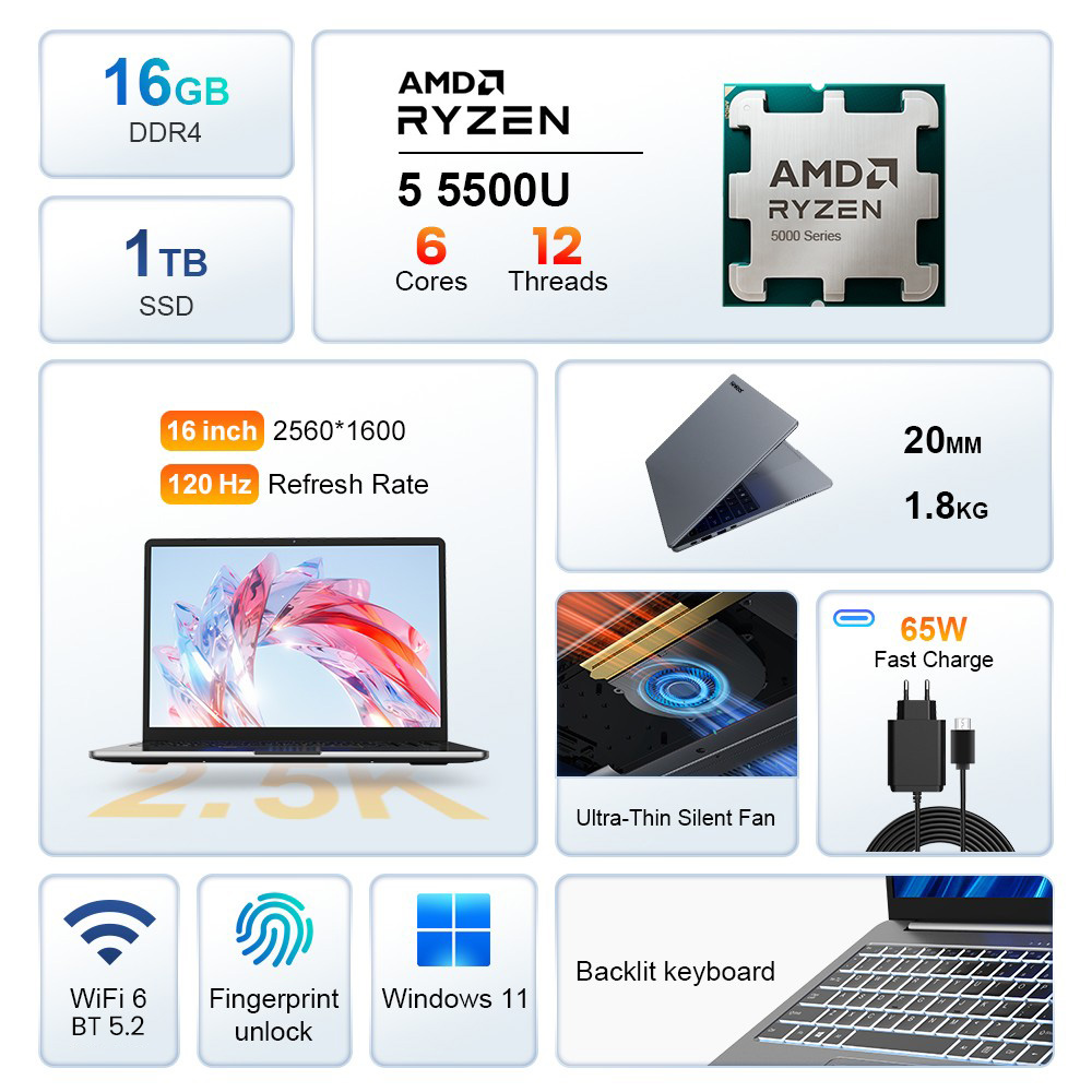 Ninkear A15 Pro Laptop  16 Inch 2 5K 120Hz IPS Display  AMD Ryzen 5 5500U  16GB DDR4 RAM  1TB SSD  AMD Radeon Graphics  WiFi 6