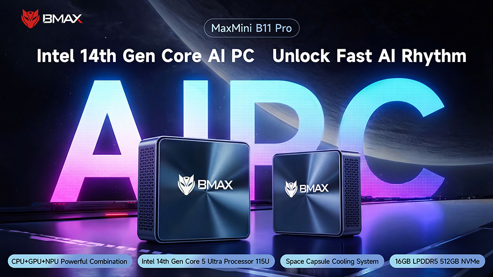 BMAX B11 Pro Mini PC  Intel Core Ultra 5 115U 8 Cores 10 Threads Max 4 2GHz  16GB LPDDR5 RAM 512GB PCIe NVMe SSD  Dual Copper H