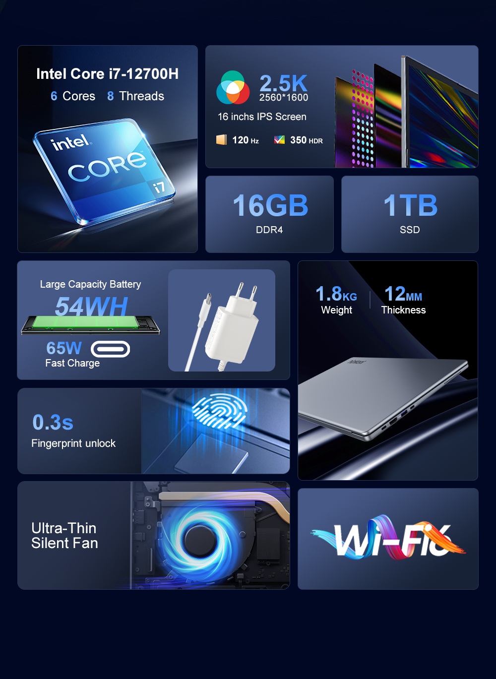 Ninkear N16 Pro Laptop 16 inch 2560*1600 120Hz IPS Screen Intel Core i7-12700H 6 Cores Max 4 7GHz 16GB RAM 1TB SSD WiFi 6 B