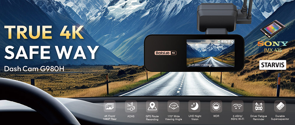 Botslab G980H 4K Dash Cam Front and Rear 170° Ultra Wide Dashcam with ADAS Night Vision 24/7 Parking Mode Sony IMX415 Sens