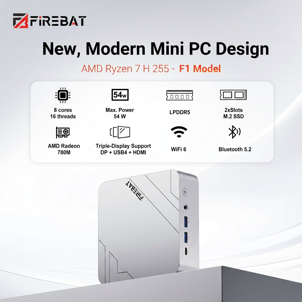 FIREBAT F1 Mini PC  AMD Ryzen 7 H255  8 Cores 16 Threads Up to 4 9GHz  AMD Radeon 780M Graphics  16GB LPDDR5 RAM  512GB SSD  US