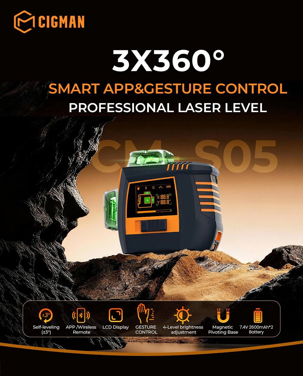 CIGMAN CM-S05 12 Lines Laser Level  Gesture Control  3 × 360° Green Laser  ±3° Self-Leveling  LCD Real-Time Display  4-Leve