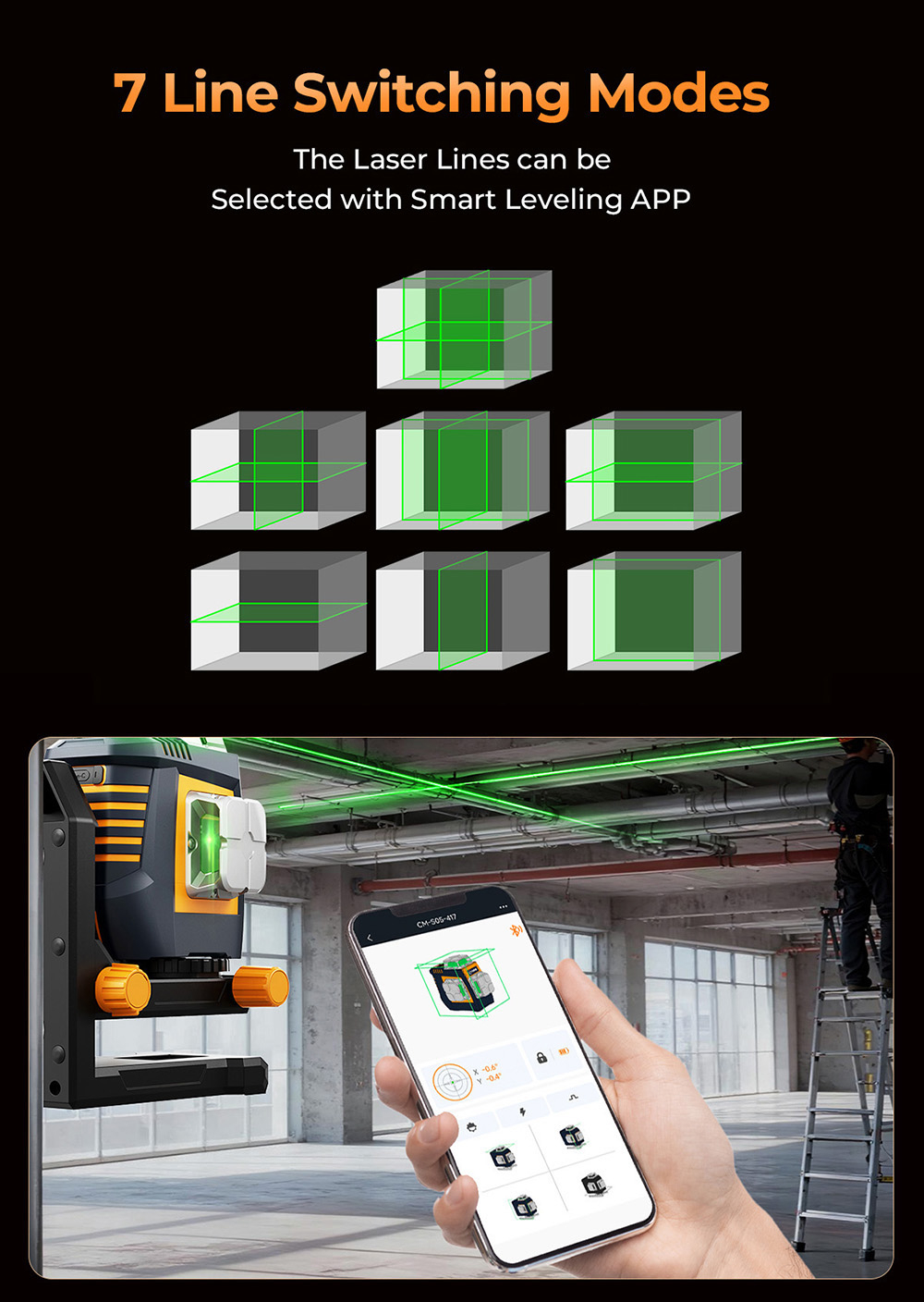 CIGMAN CM-S05 12 Lines Laser Level  Gesture Control  3 × 360° Green Laser  ±3° Self-Leveling  LCD Real-Time Display  4-Leve