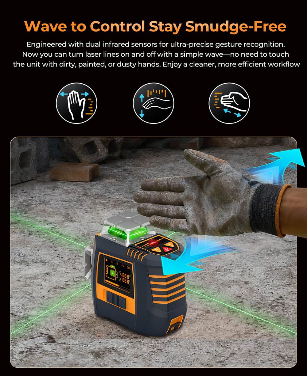 CIGMAN CM-S05 12 Lines Laser Level  Gesture Control  3 × 360° Green Laser  ±3° Self-Leveling  LCD Real-Time Display  4-Leve