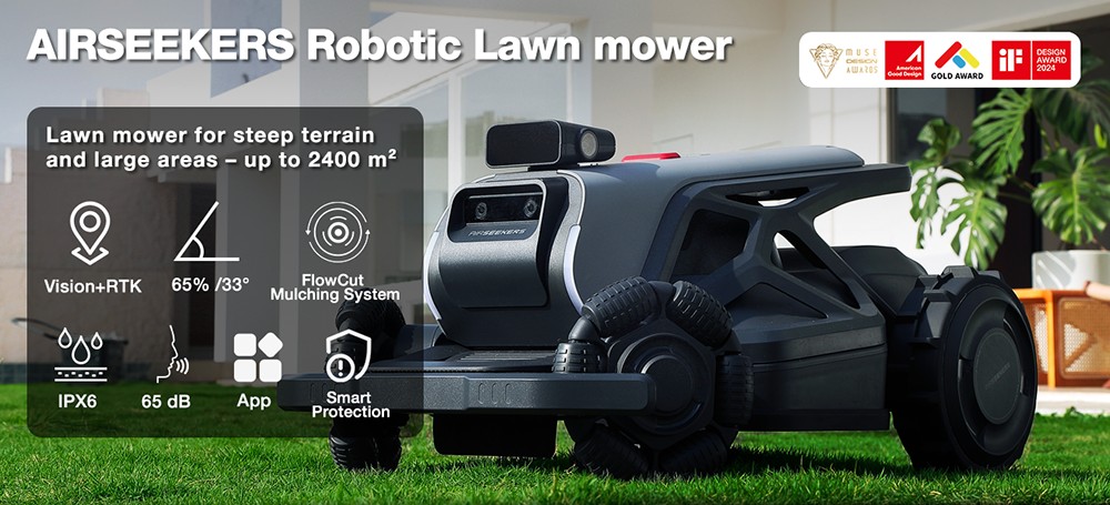 AIRSEEKERS TRON Robotic Lawn Mower  RTK   VIO   3D Vision Navigation  15Ah Battery  200m²/h Efficiency  300mm Cutting Width  3