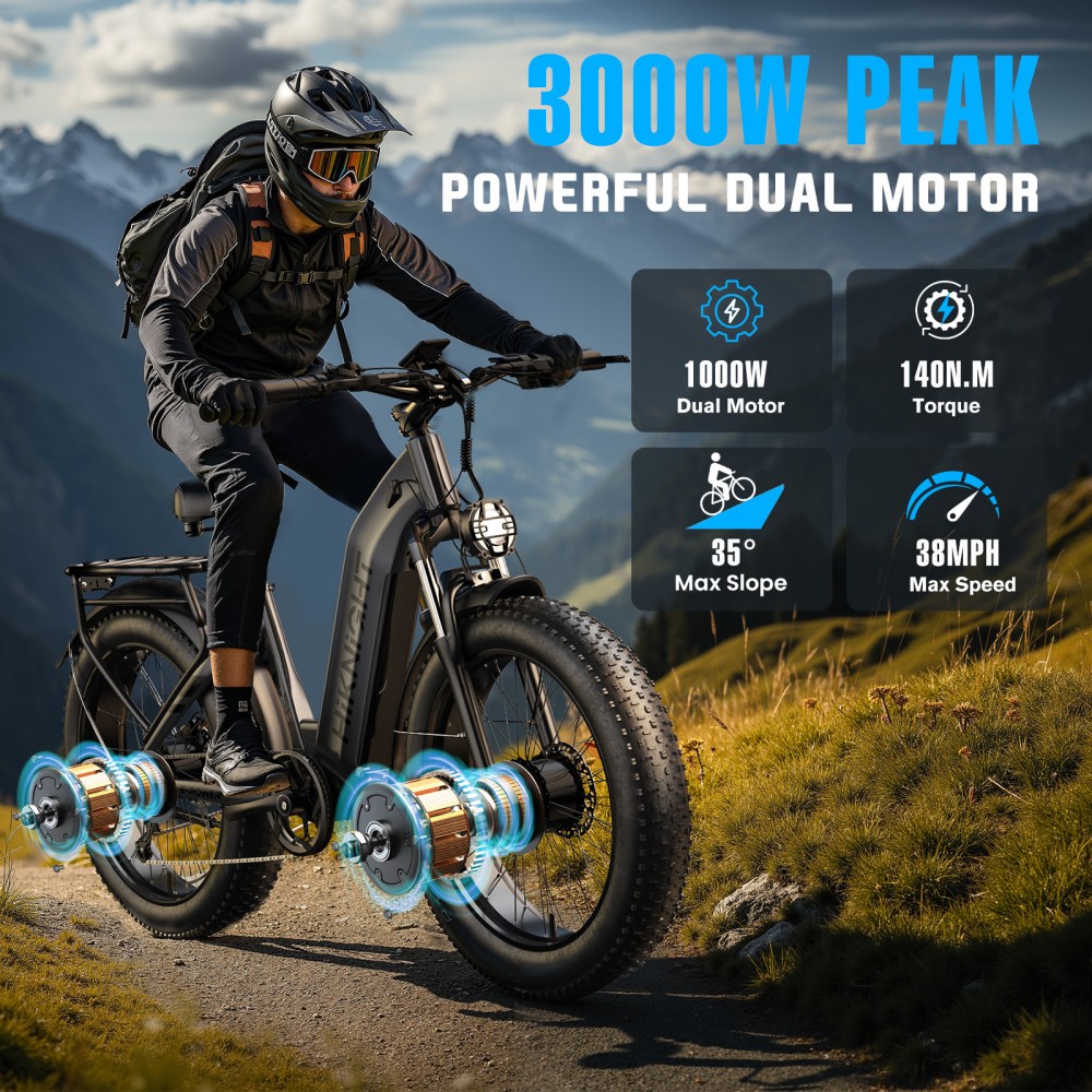 HIKNIGHT H2 PRO Electric Bike  3000W Peak Dual Motors  61km/h Max Speed  145km Range  52V 20Ah Removable Battery  35° Climbing