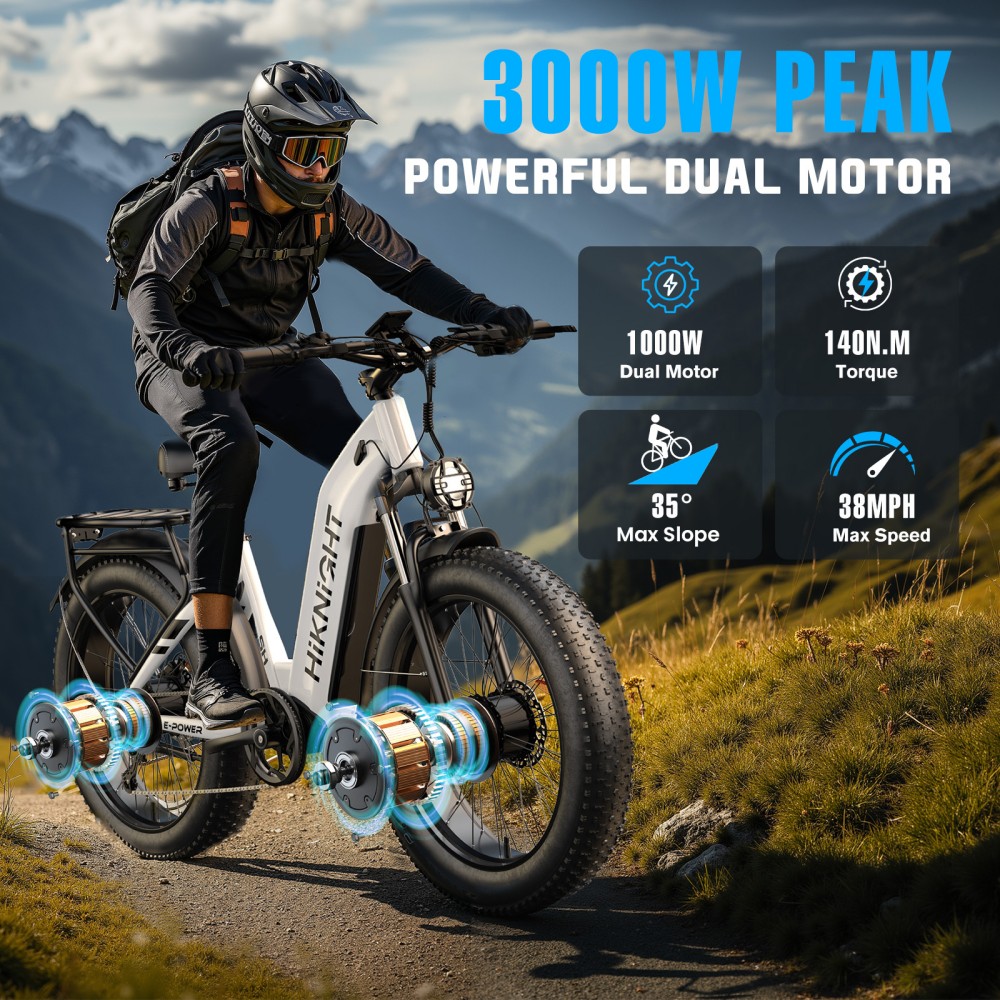 HIKNIGHT H2 PRO Electric Bike 3000W Peak Dual Motors 61km/h Max Speed 145km Range 52V 20Ah Removable Battery 35° Climbing