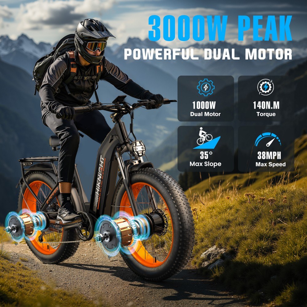 HIKNIGHT H2 PRO Electric Bike  3000W Peak Dual Motors  61km/h Max Speed  145km Range  52V 20Ah Removable Battery  35° Climbing