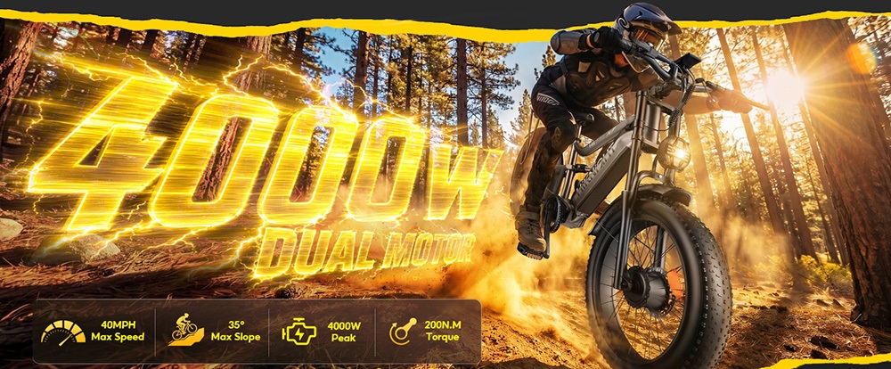 HIKNIGHT H6 PRO Electric Bike  4000W Peak Dual Motors  52V 20Ah Removable Battery  145km Range  64km/h Max Speed  200N·m Torqu