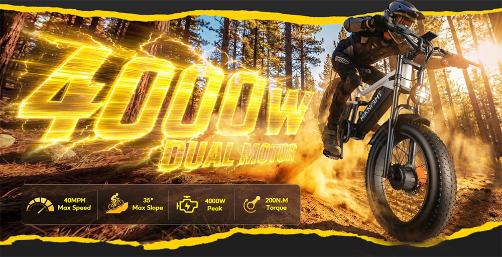 HIKNIGHT H6 PRO Electric Bike  4000W Peak Dual Motors  52V 20Ah Removable Battery  145km Range  64km/h Max Speed  200N·m Torqu