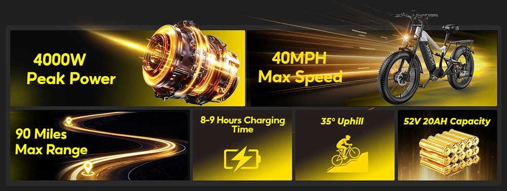 HIKNIGHT H6 PRO Electric Bike  4000W Peak Dual Motors  52V 20Ah Removable Battery  145km Range  64km/h Max Speed  200N·m Torqu