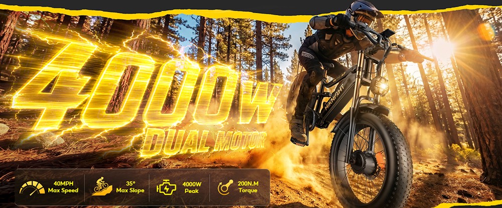 HIKNIGHT H6 PRO Electric Bike 4000W Peak Dual Motors 52V 20Ah Removable Battery 145km Range 64km/h Max Speed 200N·m Torqu