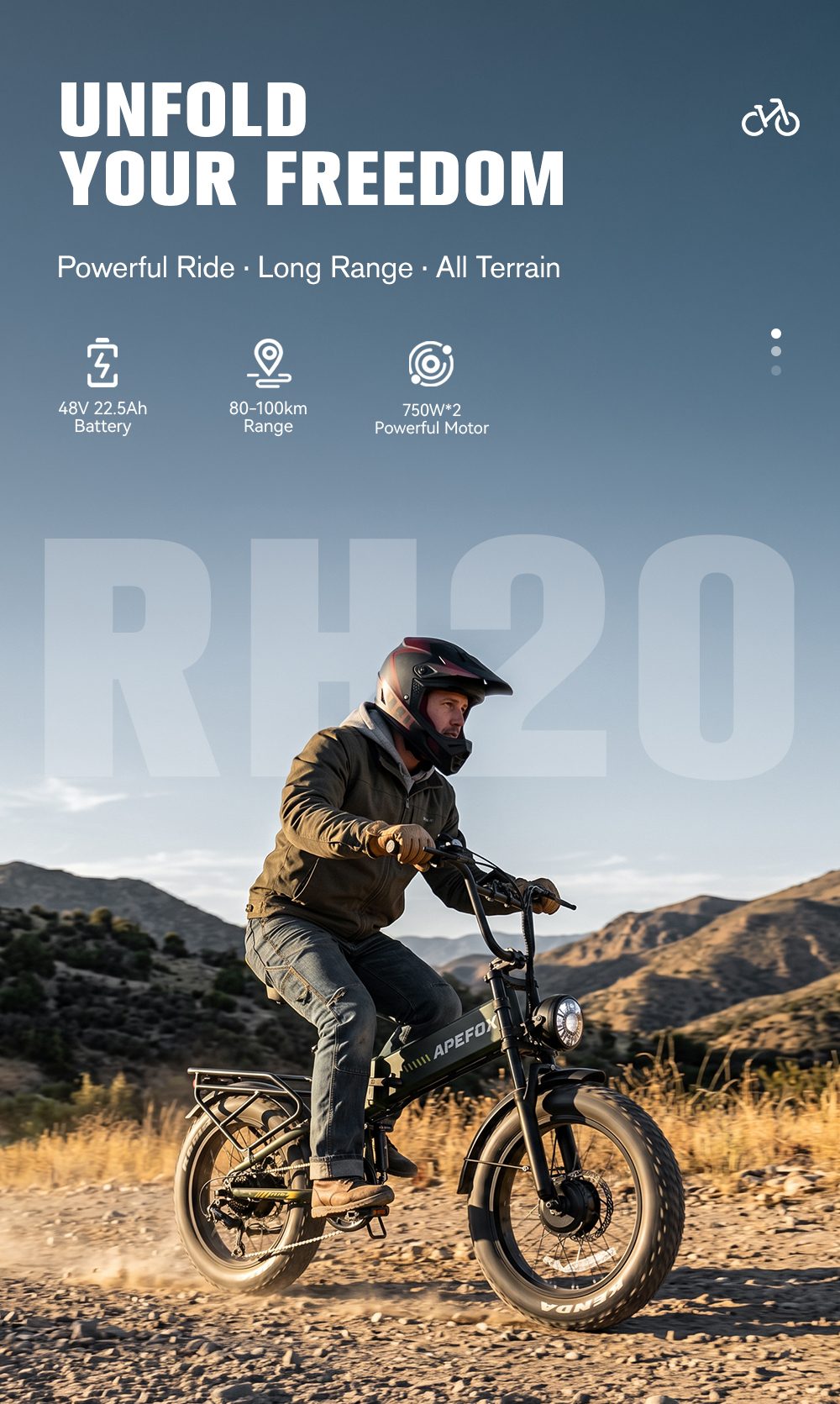 APEFOX RH20 Electric Bike Dual 750W Hub Motors 48V 22 5Ah Lithium Battery 50km/h Max Speed 100km Range 20×4 0
