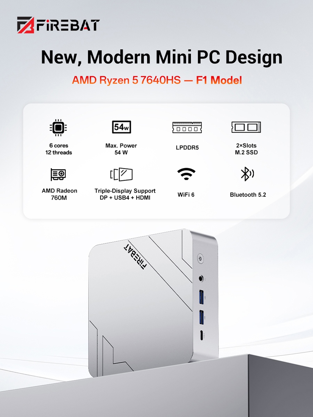 FIREBAT F1 Mini PC  AMD Ryzen 5 7640HS  6 Cores 12 Threads Up to 5 0GHz  AMD Radeon 760M Graphics  24GB LPDDR5 RAM  512GB SSD