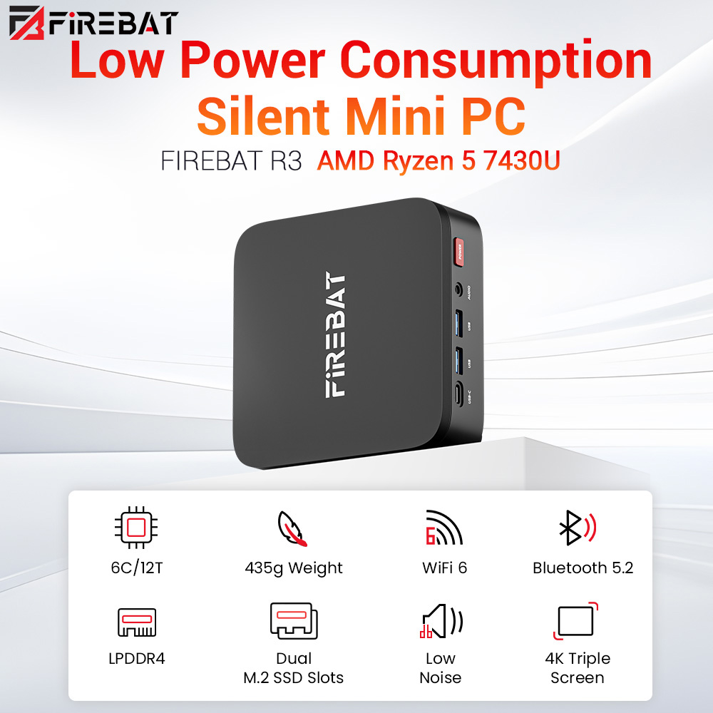 FIREBAT R3 Mini PC AMD Ryzen 5 7430U 6 Cores 12 Threads Up to 4 3GHz 16GB LPDDR4 RAM 512GB SSD AMD Radeon Graphics Dual M 2