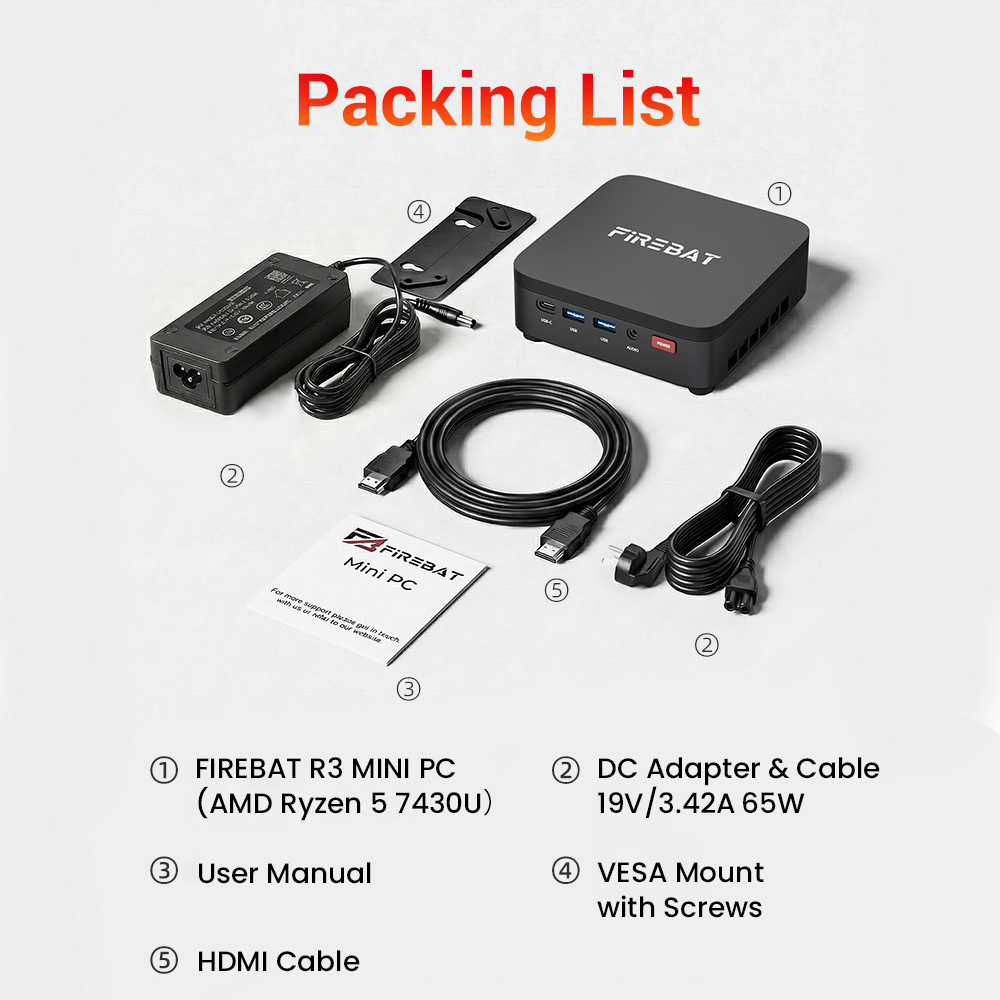 FIREBAT R3 Mini PC AMD Ryzen 5 7430U 6 Cores 12 Threads Up to 4 3GHz 16GB LPDDR4 RAM 512GB SSD AMD Radeon Graphics Dual M 2