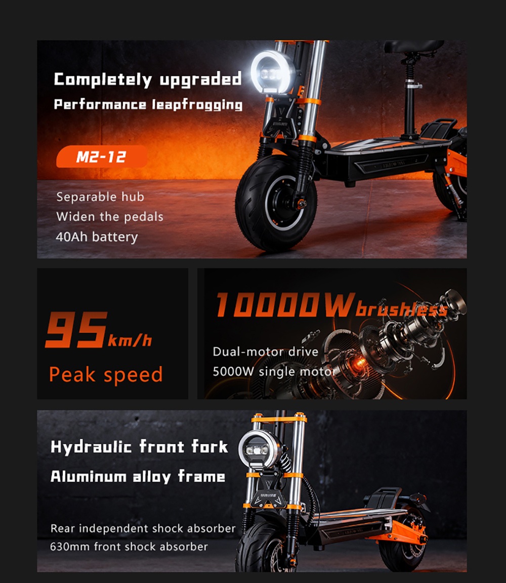 BOYUEDA M2 Electric Scooter  10000W Dual Motor  95km/h Speed  72V 40Ah 2880Wh Lithium Battery  150km Max Range  45° Climbing