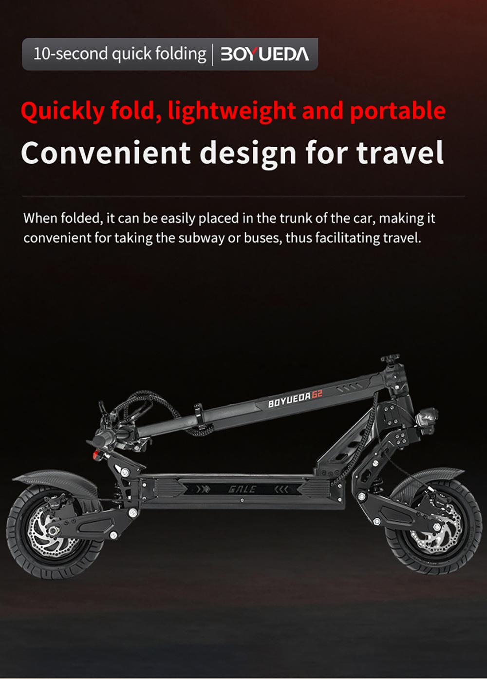 BOYUEDA G2 Electric Scooter 1600W Motor 55km/h Max Speed 52V 19Ah Battery 60–70km Range 10-Inch Off-Road Tires Front